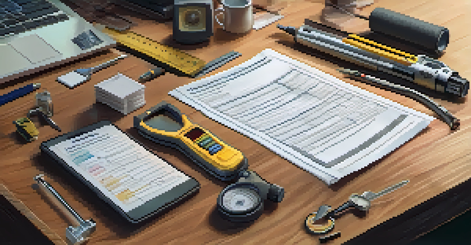 A close-up of an inspection report on a wooden table with tools like a flashlight and measuring tape in the background.