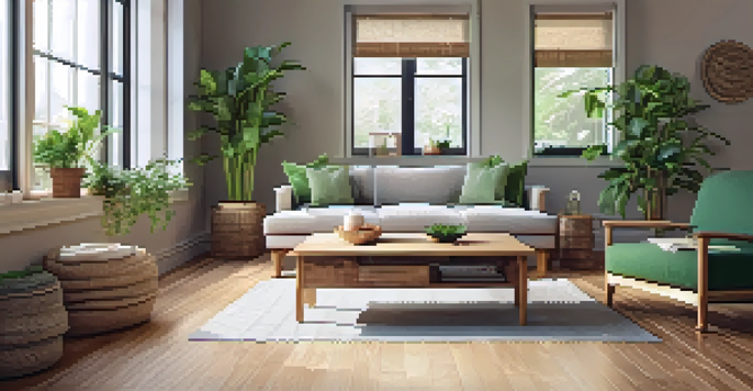 A bright living room with bamboo flooring, reclaimed wooden furniture, and indoor plants, illuminated by natural light.