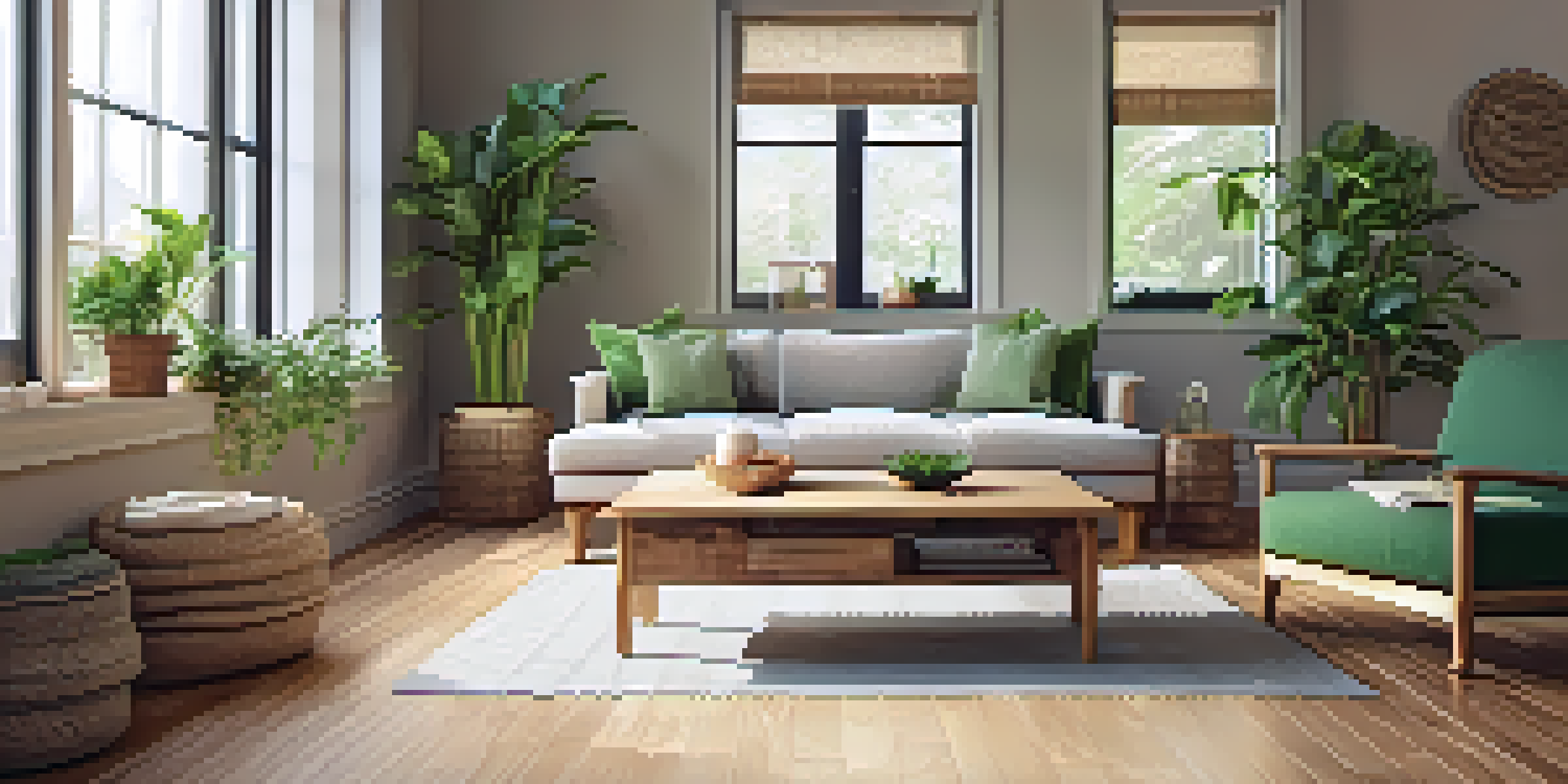 A bright living room with bamboo flooring, reclaimed wooden furniture, and indoor plants, illuminated by natural light.