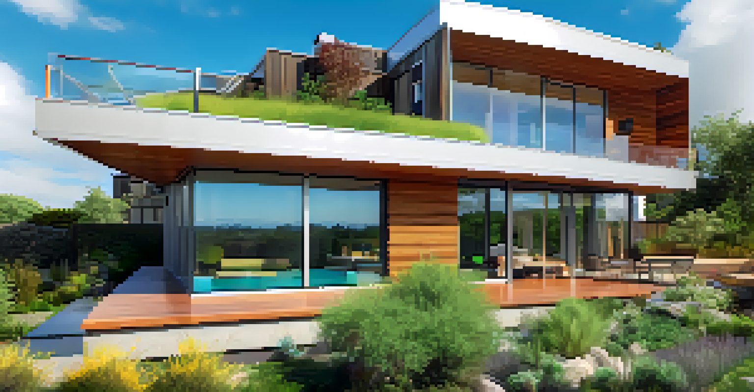 A modern house with a green roof and solar panels, surrounded by a garden with recycled materials under a blue sky.