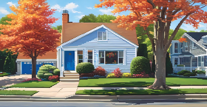 A picturesque suburban neighborhood with colorful houses and lush gardens, highlighting a 'For Sale' sign in front of a home.