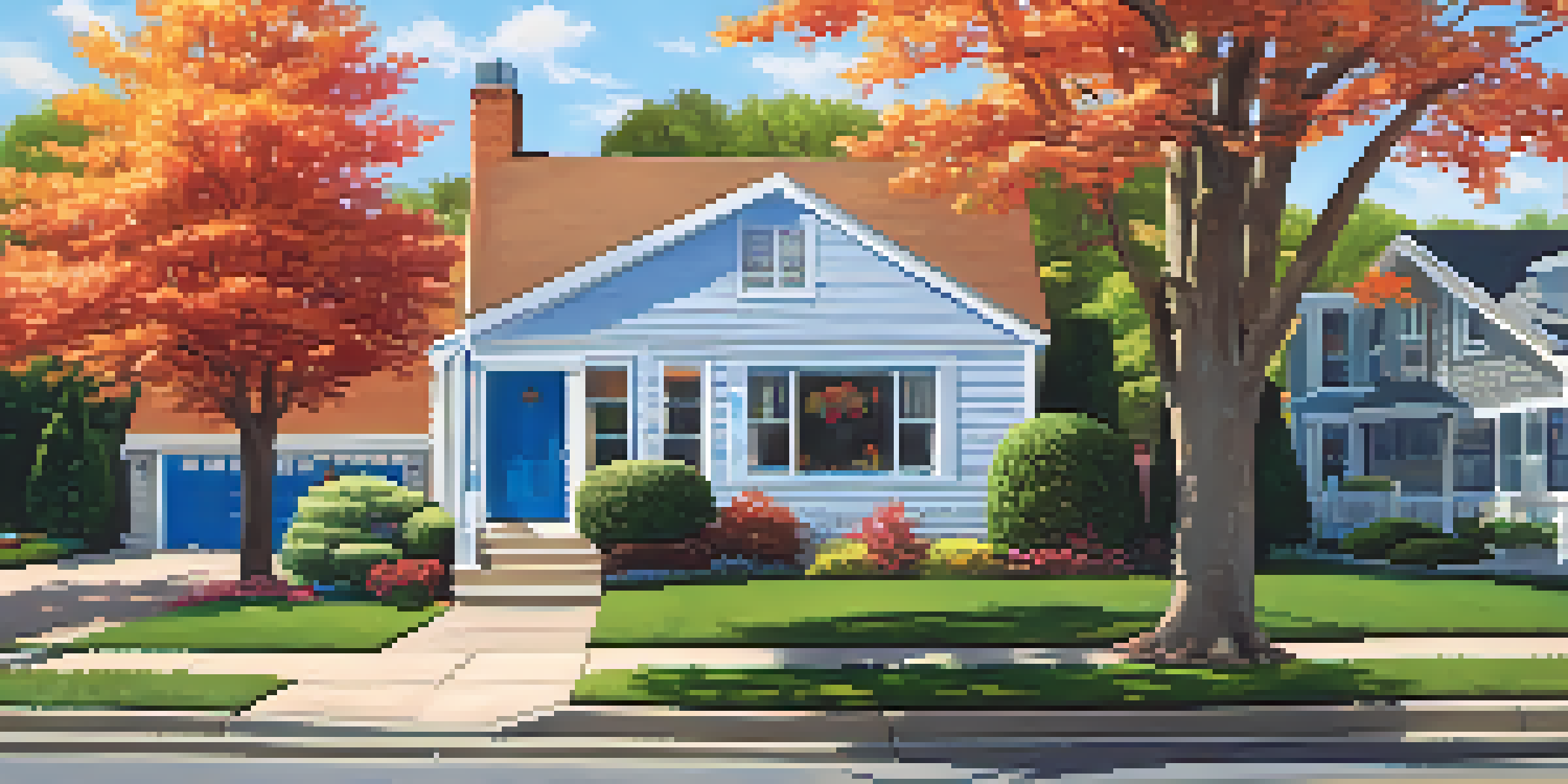 A picturesque suburban neighborhood with colorful houses and lush gardens, highlighting a 'For Sale' sign in front of a home.