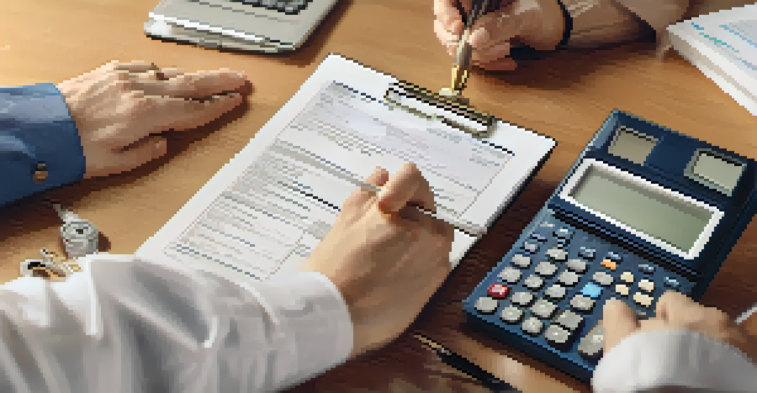 Close-up of hands holding property assessment documents with measuring tools and a smartphone.