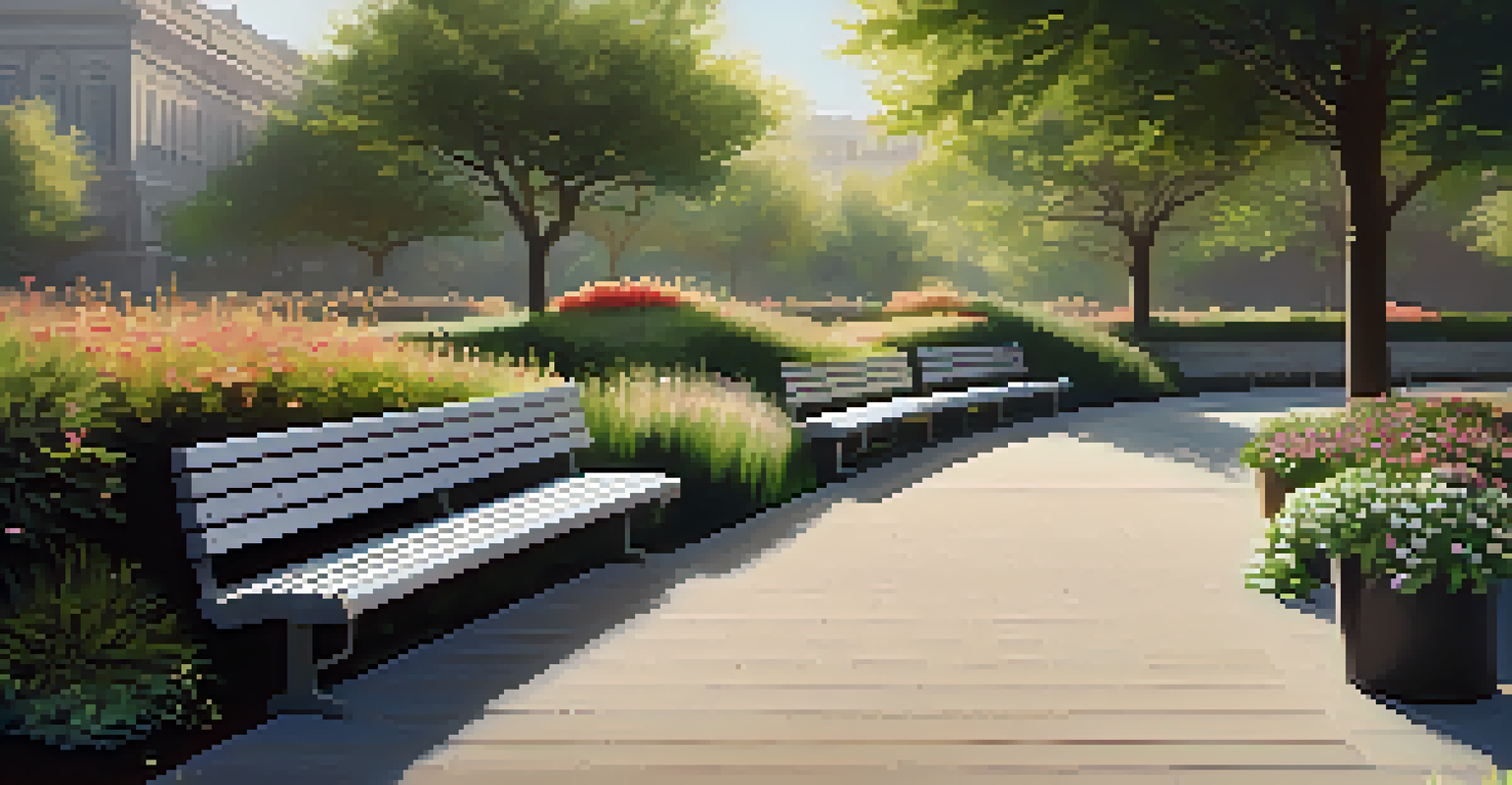 An inclusive outdoor seating area with benches of varying heights, surrounded by flowers and a gentle slope, inviting for all visitors.