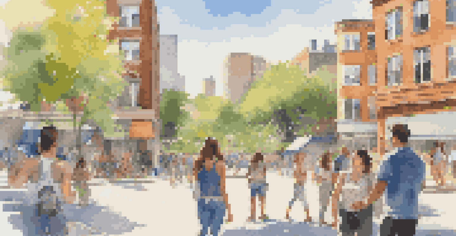 A young couple comparing real estate listings on a tablet in a vibrant urban neighborhood filled with people enjoying a sunny day.