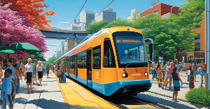 A colorful urban scene with a modern light rail train and people at a bus stop, surrounded by greenery and contemporary buildings.