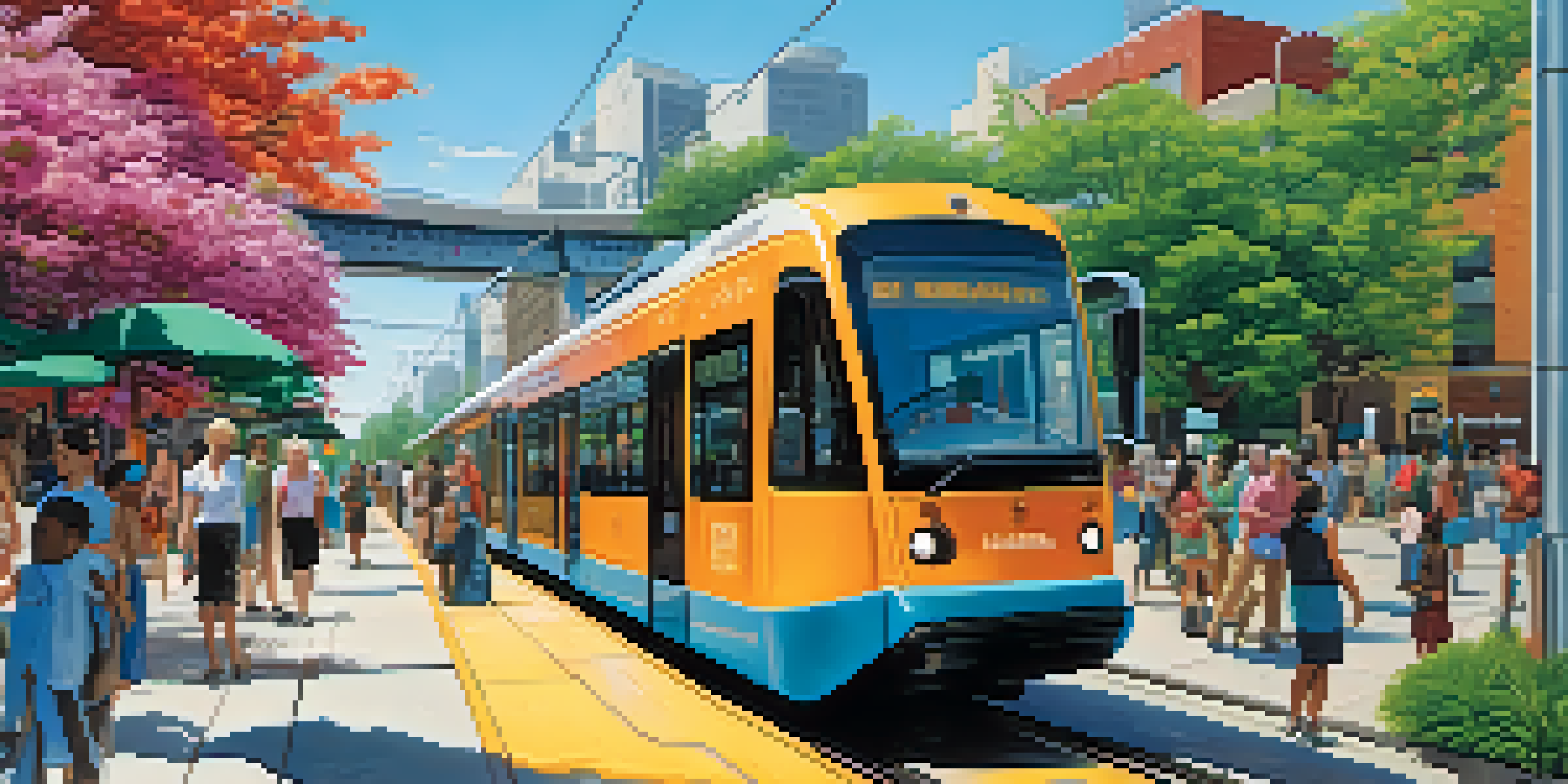 A colorful urban scene with a modern light rail train and people at a bus stop, surrounded by greenery and contemporary buildings.