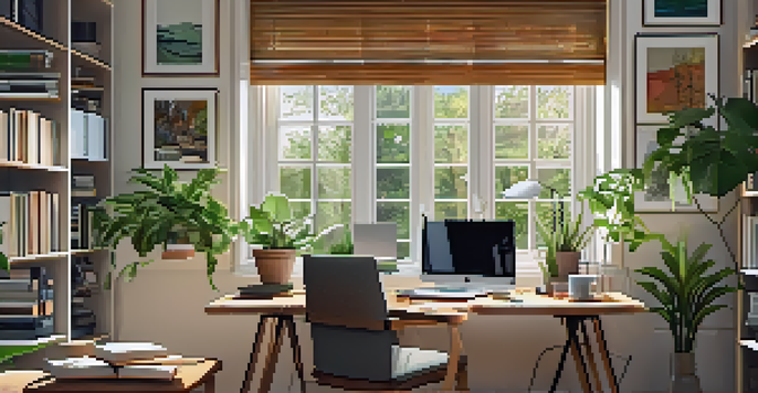A bright home office with a modern desk and laptop, ergonomic chair, and large windows filled with sunlight.