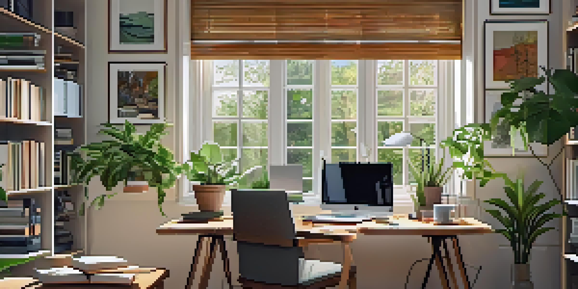 A bright home office with a modern desk and laptop, ergonomic chair, and large windows filled with sunlight.