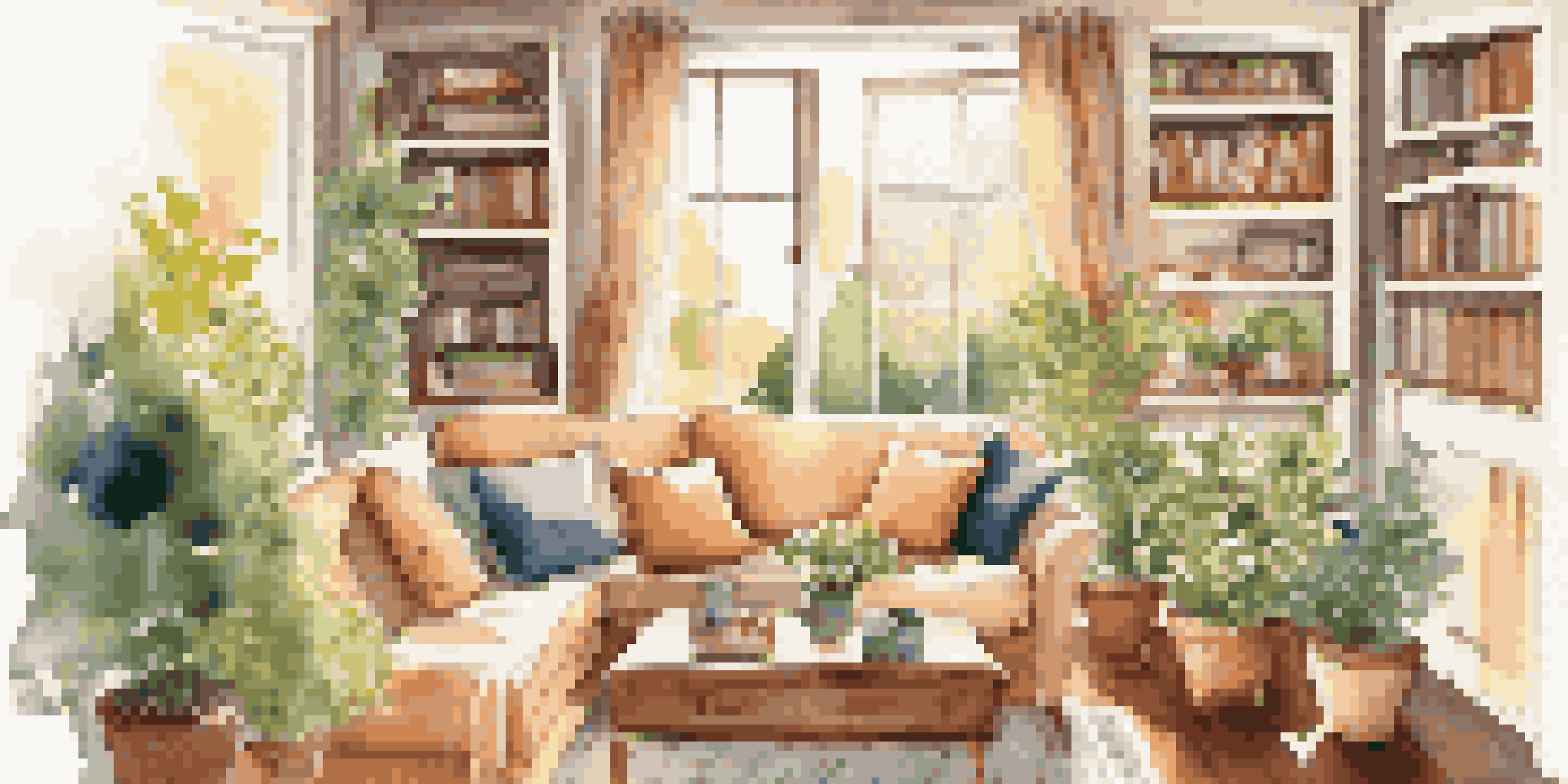 A cozy living room with a sofa, coffee table, books, and a window with a sunny garden view.