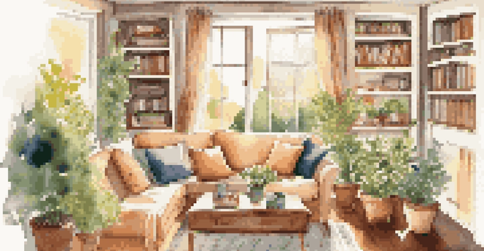 A cozy living room with a sofa, coffee table, books, and a window with a sunny garden view.