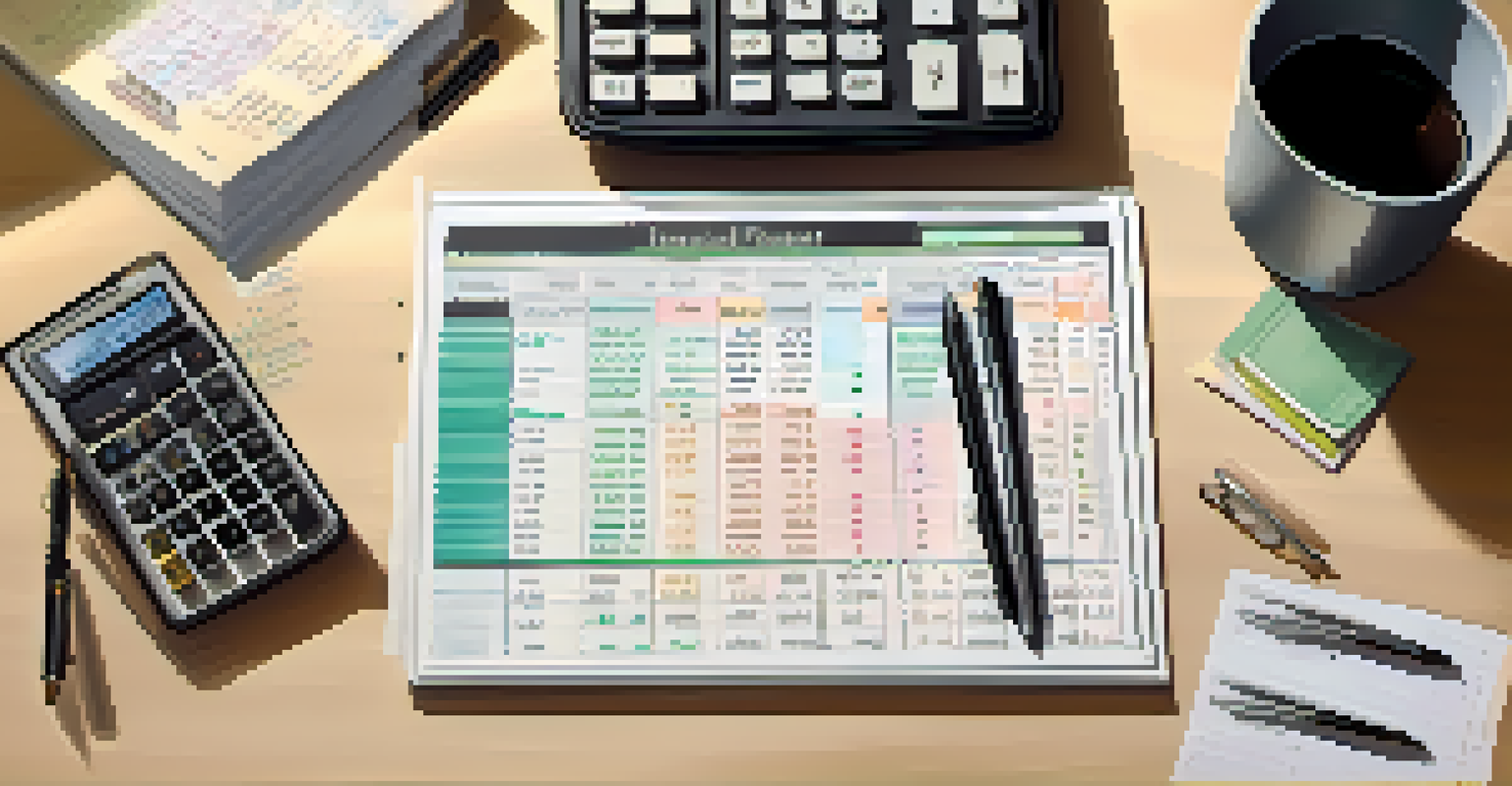 A detailed view of a financial planner's desk featuring a laptop, notepad, and calculator in a softly lit environment.