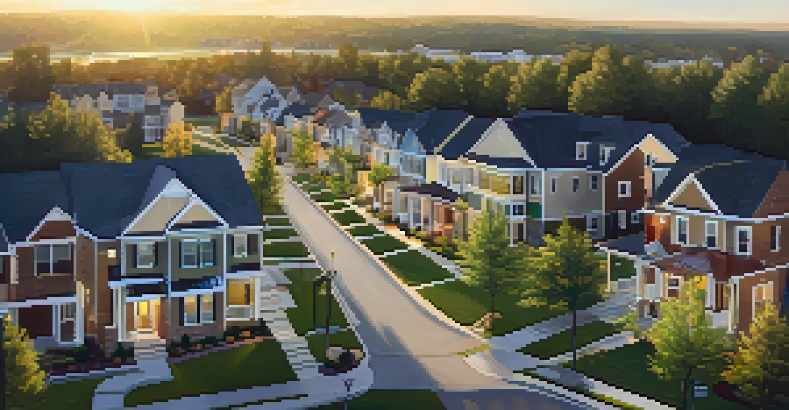 Aerial view of a vibrant residential neighborhood under sunset, featuring new construction projects and green parks.