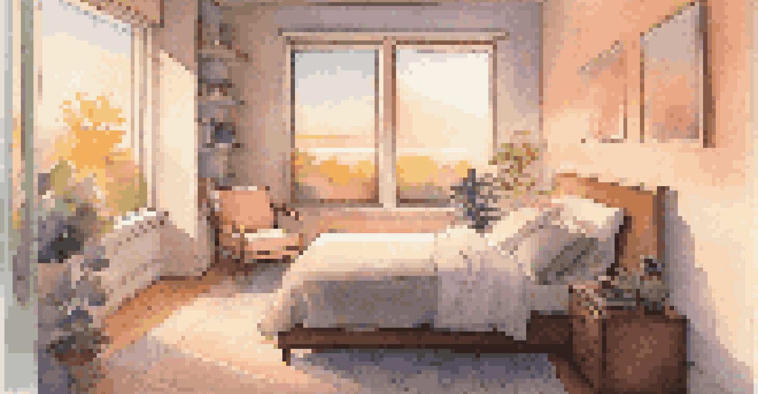 A serene bedroom with soft lighting and smart home features for comfort.