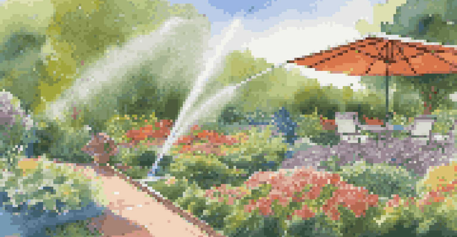 A vibrant garden equipped with a smart irrigation system, illustrating a blend of technology and nature.