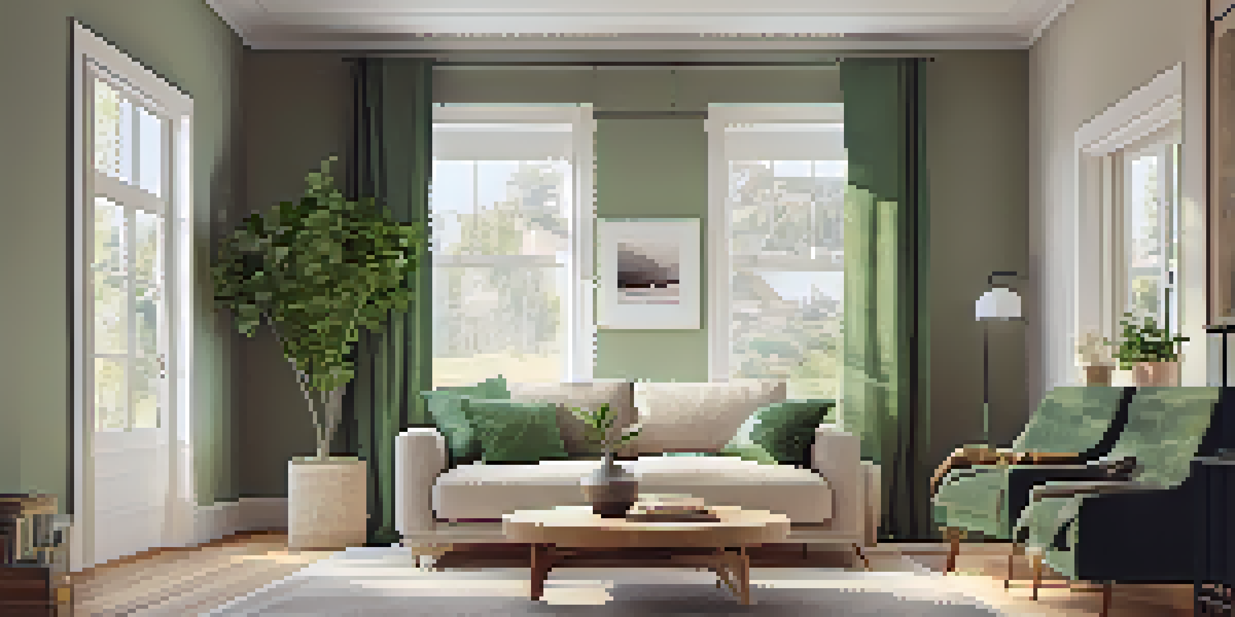 A cozy living room with a comfortable sofa, coffee table, and natural light coming through a large window.