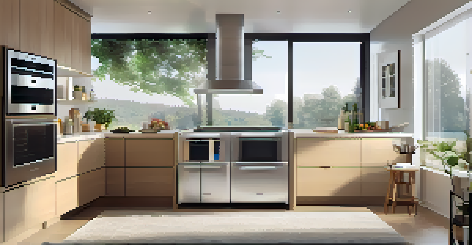 A modern kitchen with smart appliances like a refrigerator and oven, illuminated by natural light and featuring a bright color scheme.