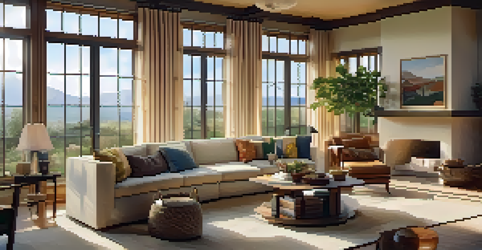 A cozy living room with large windows allowing natural light, decorated with plants and warm colors for a welcoming feel.