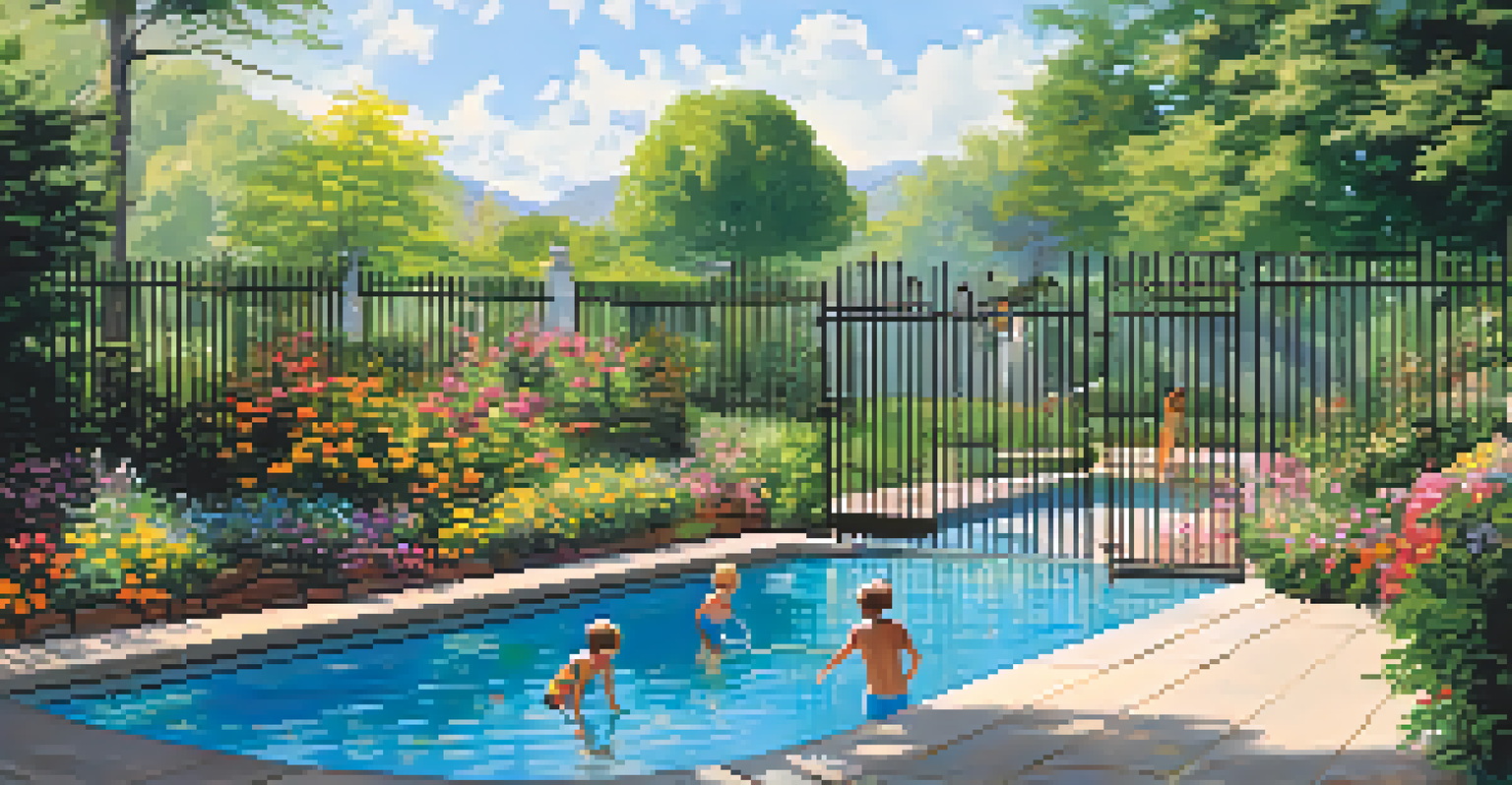 A safe outdoor pool area with a fence, featuring children playing nearby under a sunny sky.