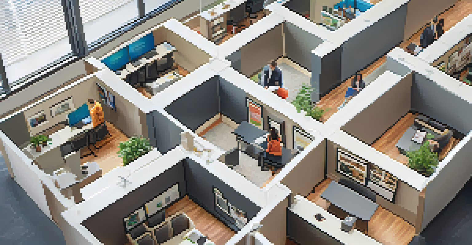 A busy real estate office from above with agents discussing property listings.
