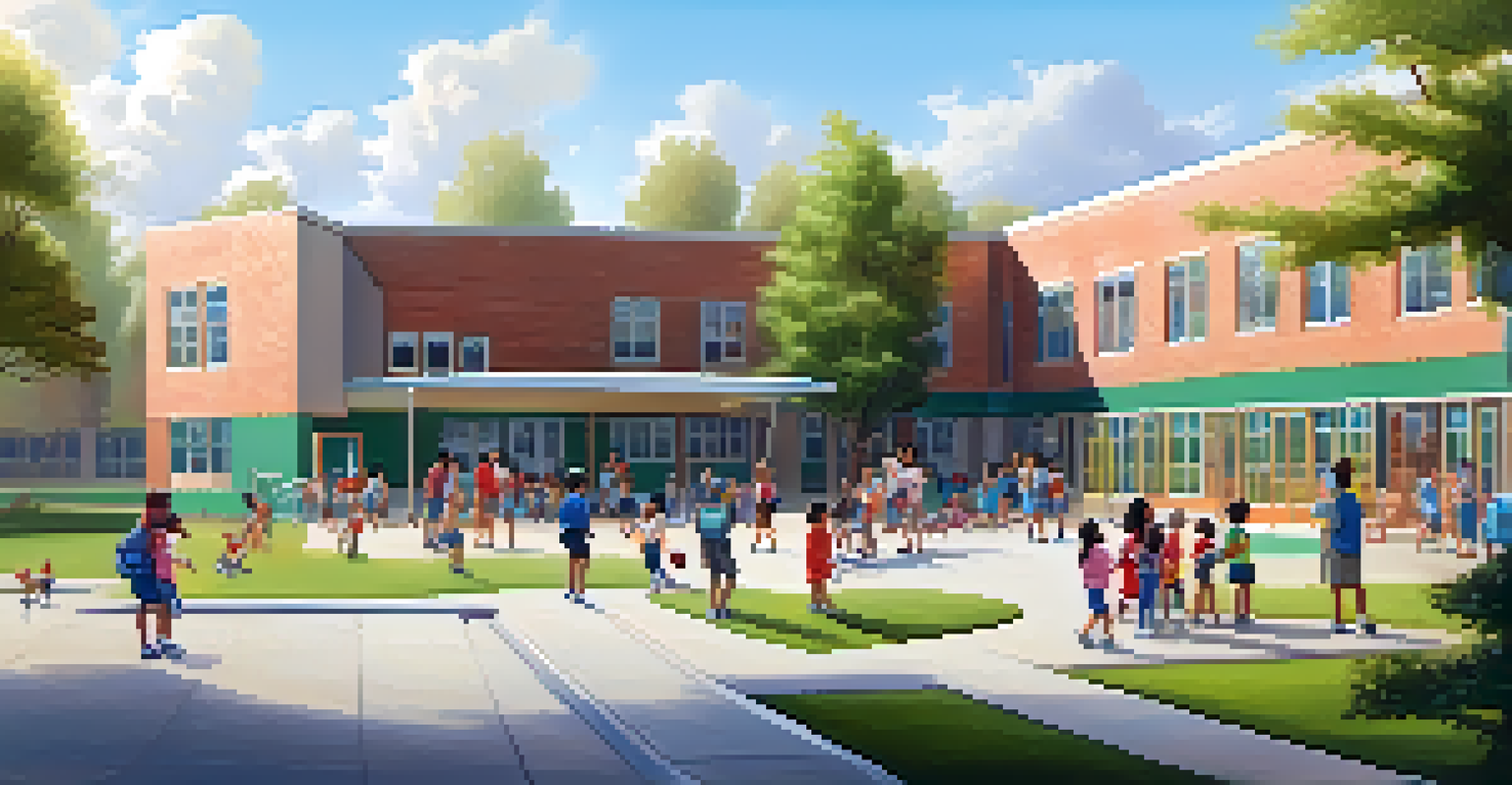 A welcoming local school with children playing outside, surrounded by greenery and colorful murals in soft morning light.