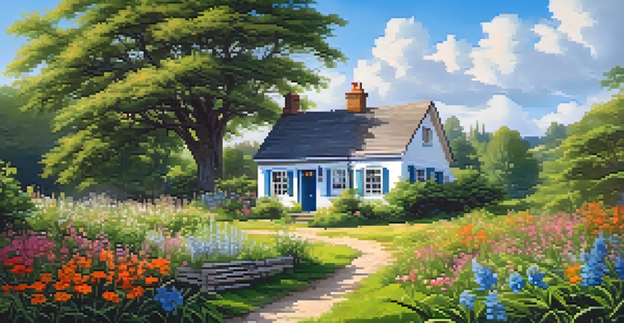 A picturesque rural scene with a cottage, vibrant flowers, and a clear blue sky.