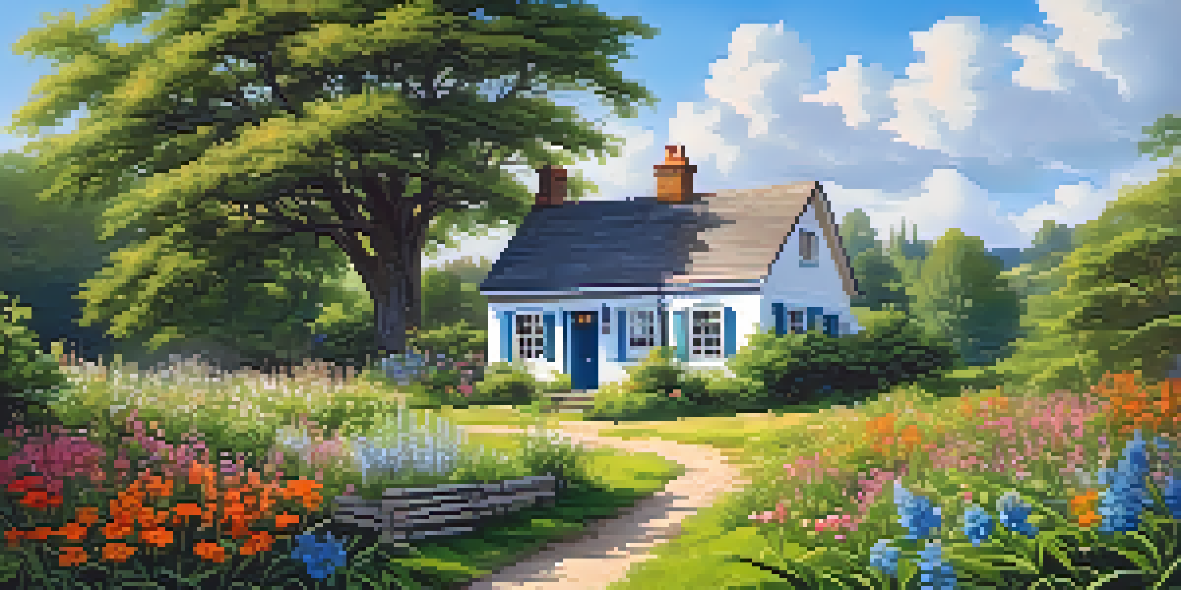 A picturesque rural scene with a cottage, vibrant flowers, and a clear blue sky.