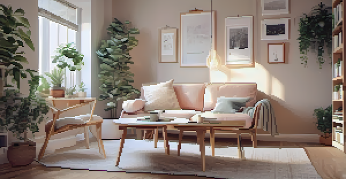 A small apartment living room with a foldable drop-leaf table and collapsible chairs, warm lighting, plants, and a floating shelf.
