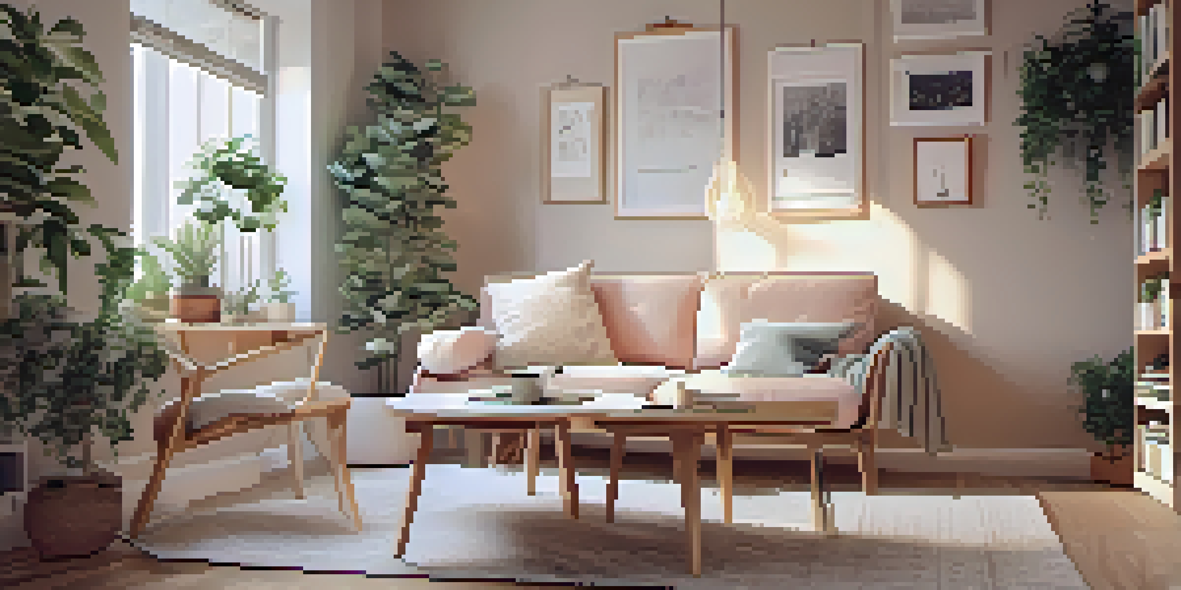A small apartment living room with a foldable drop-leaf table and collapsible chairs, warm lighting, plants, and a floating shelf.