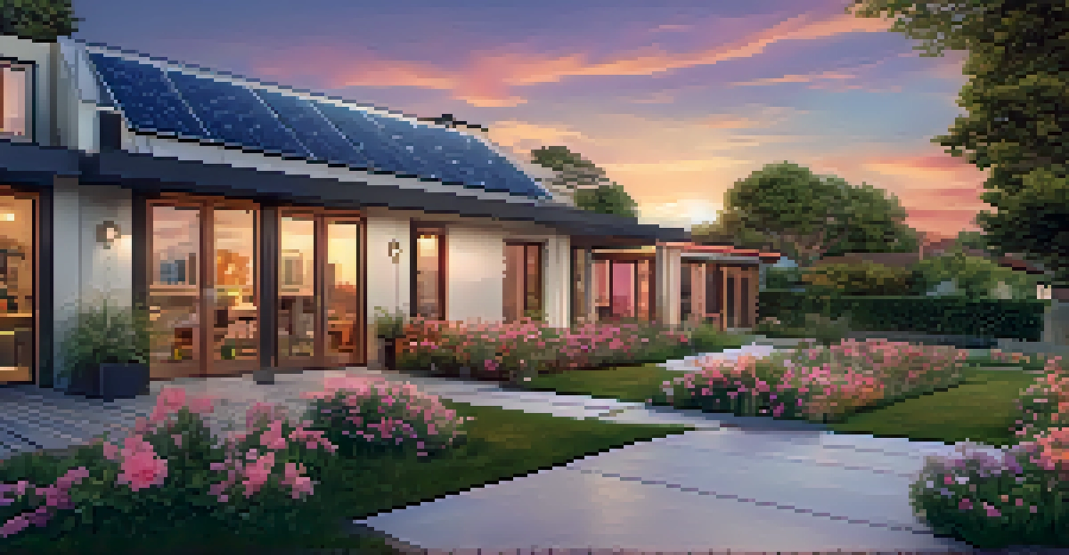 A peaceful suburban neighborhood at sunset, featuring modern houses with solar panels and blooming flowers in the garden.