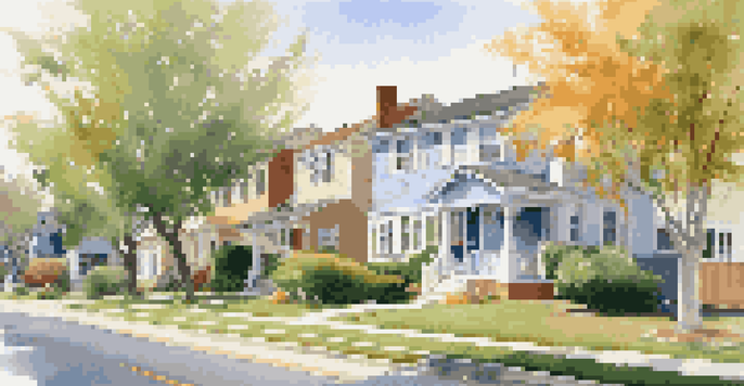 A peaceful suburban neighborhood with diverse houses and green lawns under clear skies.