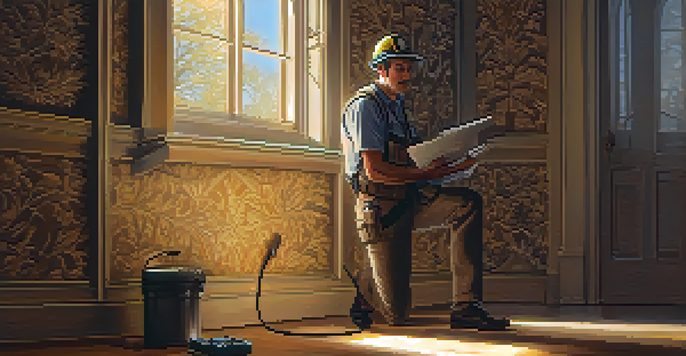 A property inspector examining a wall in a well-lit room with a flashlight and taking notes on a clipboard.