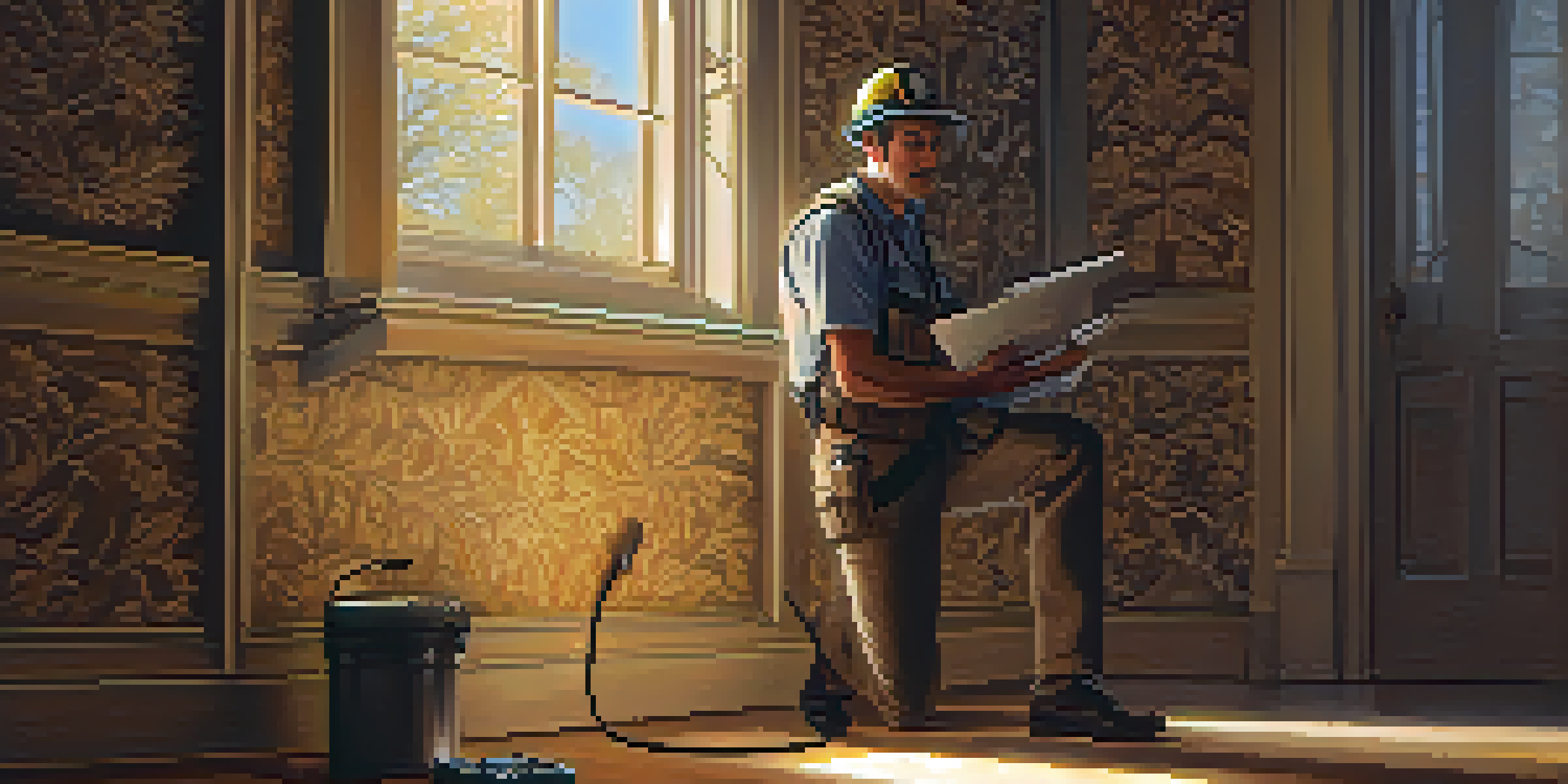 A property inspector examining a wall in a well-lit room with a flashlight and taking notes on a clipboard.