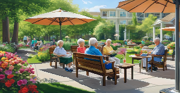 A vibrant retirement community with seniors enjoying outdoor activities in a sunny garden.