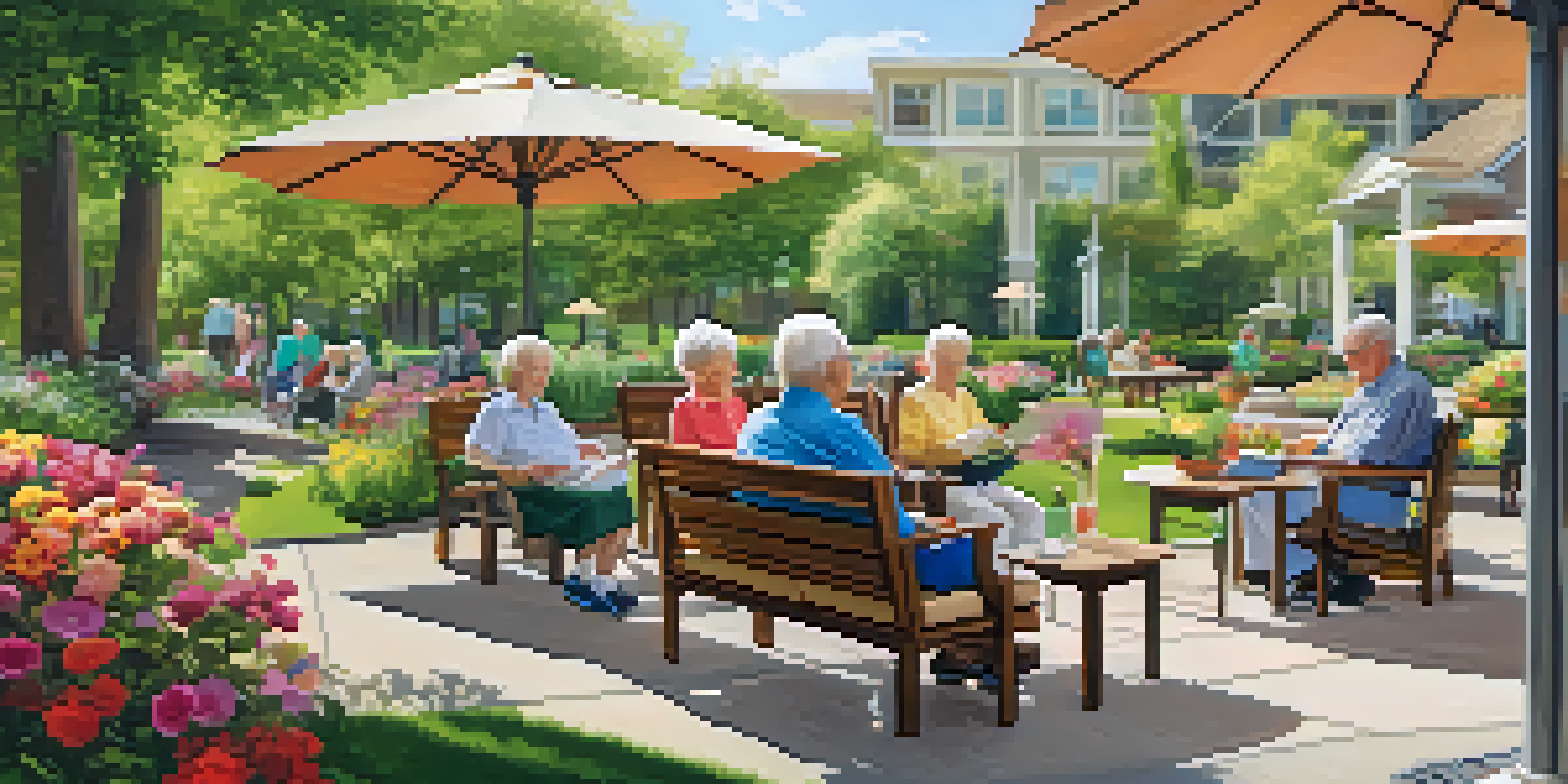 A vibrant retirement community with seniors enjoying outdoor activities in a sunny garden.