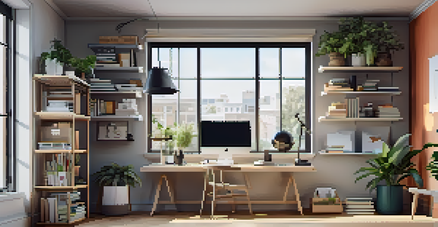 A bright workspace with a convertible desk, laptop, stationery, and wall-mounted shelves filled with books.