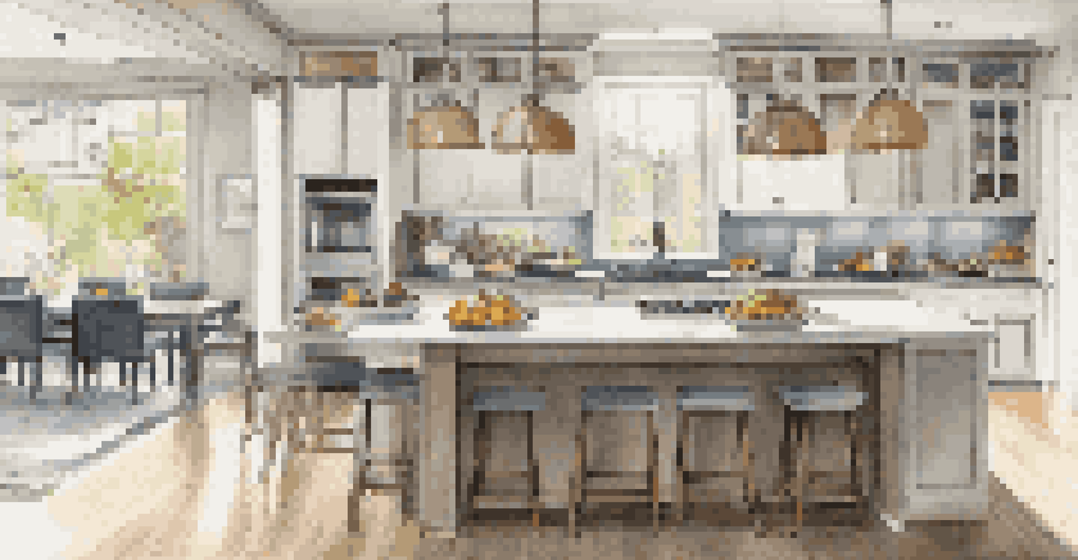A contemporary kitchen with modern appliances and a bright atmosphere, featuring an island with bar stools.