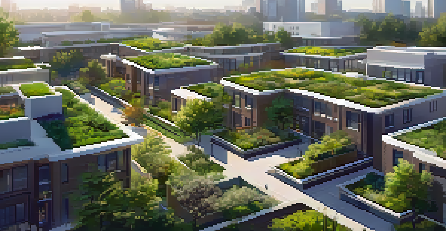 Aerial view of a neighborhood with several green roofs, highlighting their lush greenery against the urban backdrop.