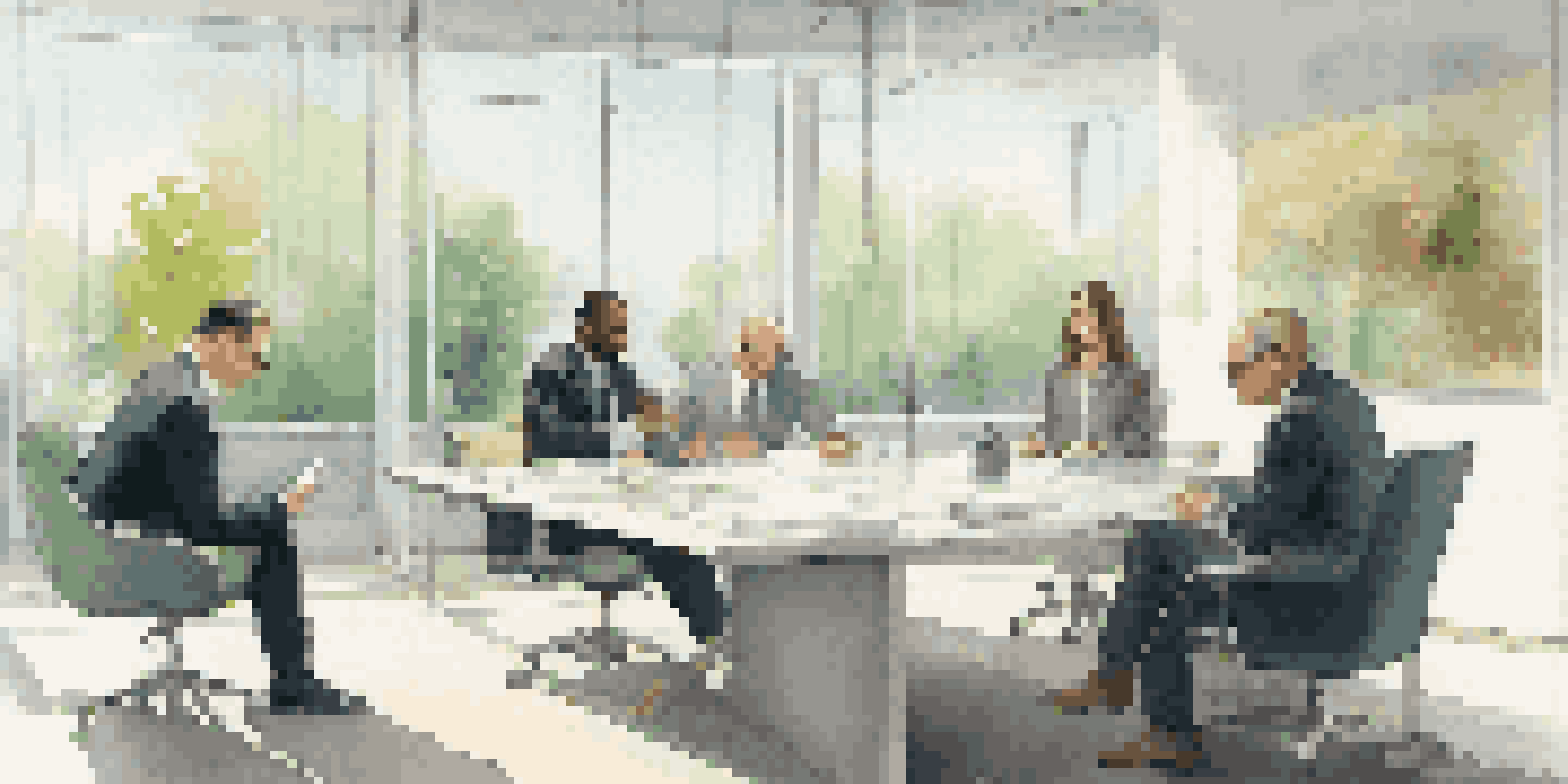 A diverse group of professionals engaged in a real estate negotiation in a modern office with natural light and contemporary decor.