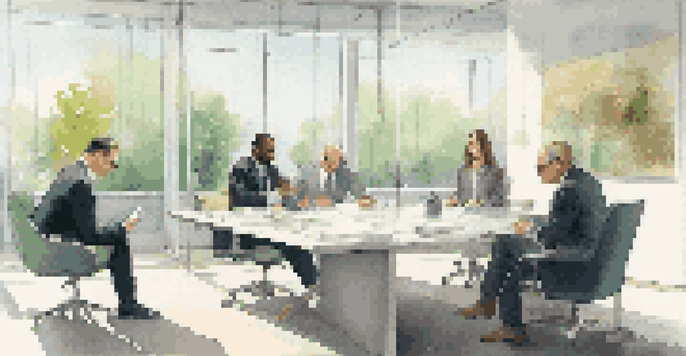 A diverse group of professionals engaged in a real estate negotiation in a modern office with natural light and contemporary decor.