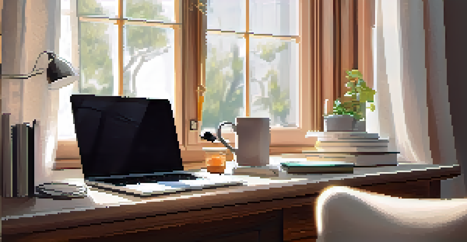 A tidy workspace with a laptop, notebook, and cup of tea on a clean desk, illuminated by soft light from a nearby window.
