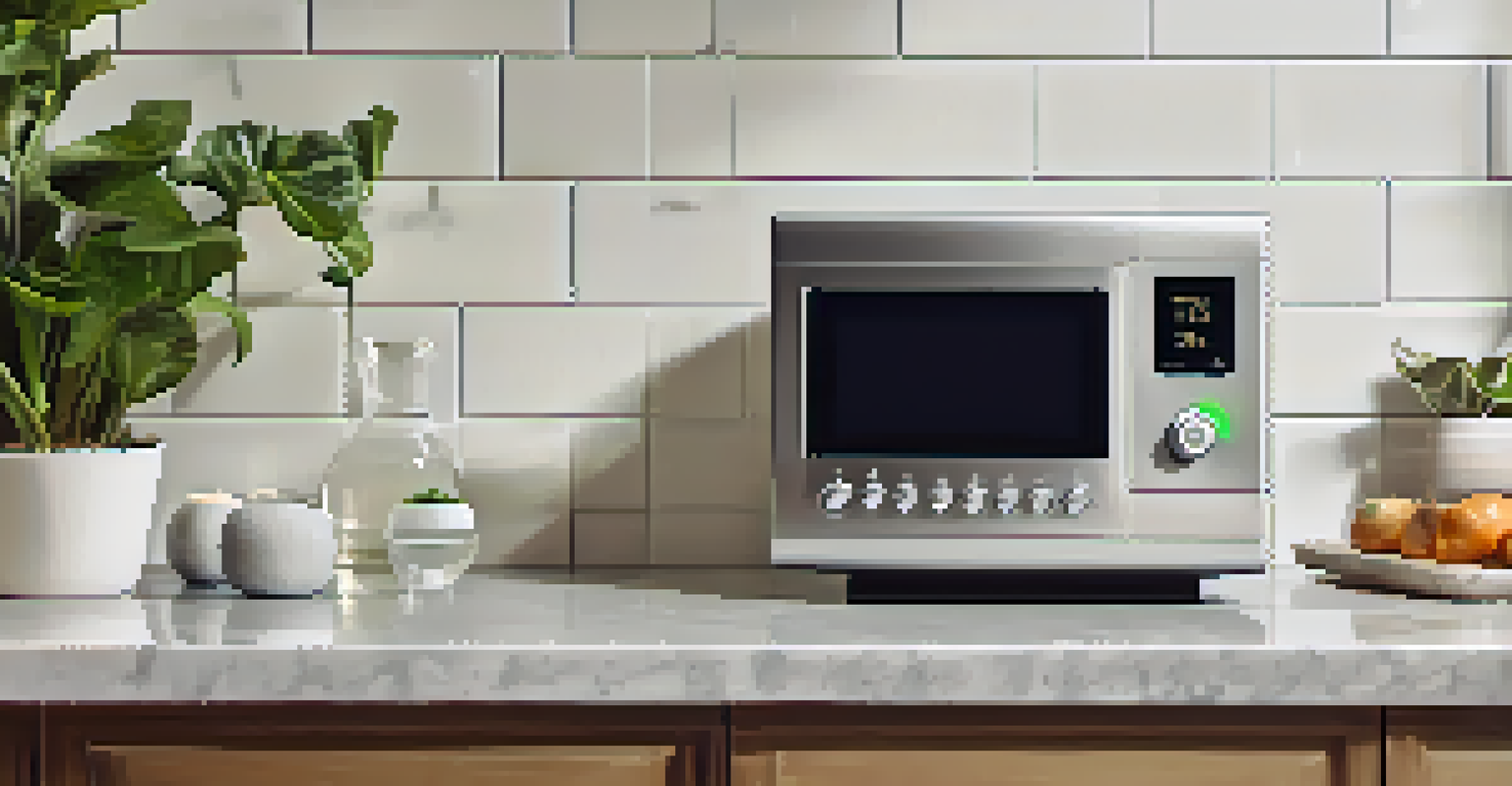 Close-up of a smart thermostat in a contemporary kitchen, highlighting energy efficiency and safety.