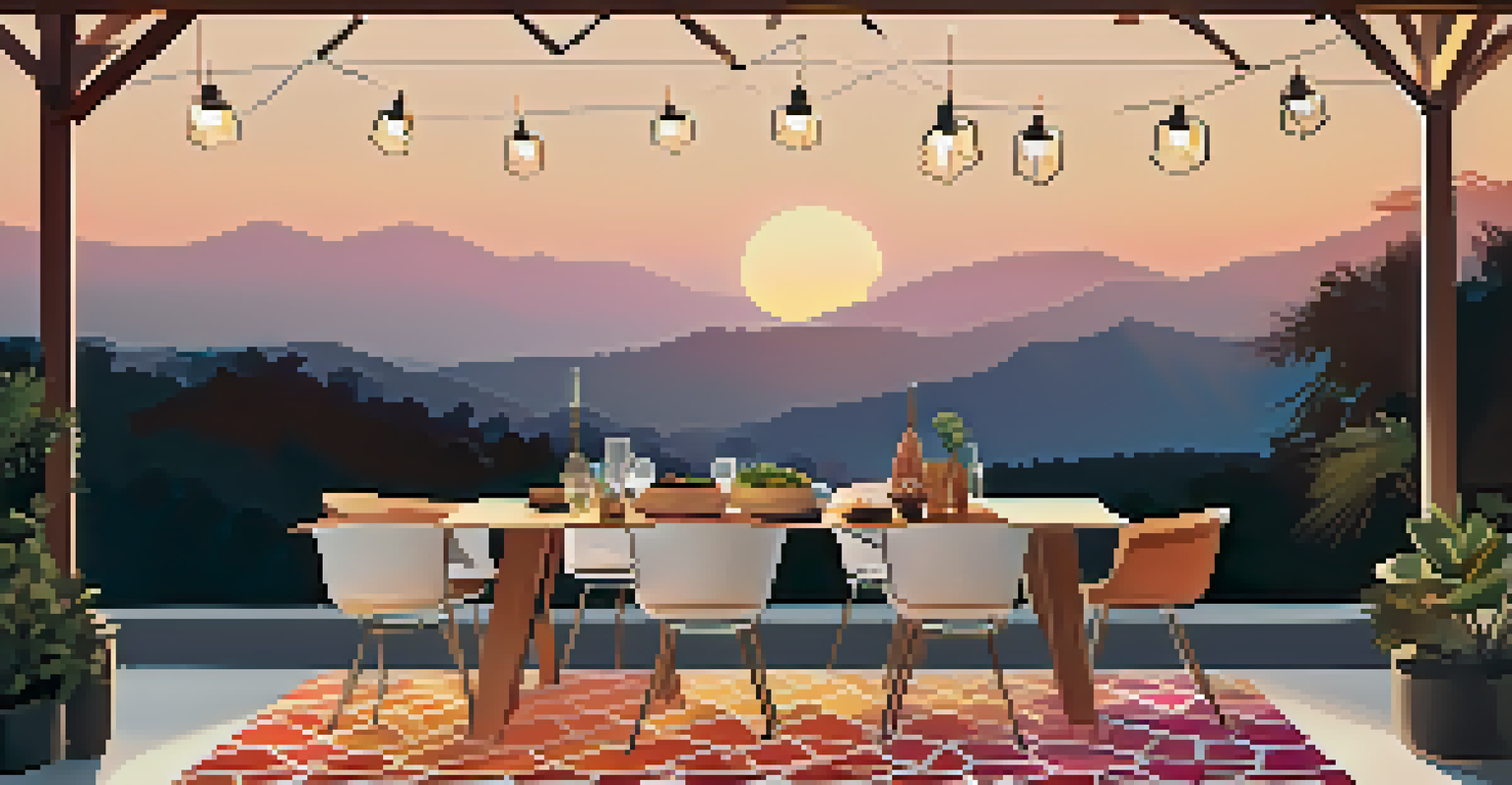 An outdoor dining area with a geometric-patterned rug under a table, adorned with vibrant tableware and string lights, against a sunset backdrop.