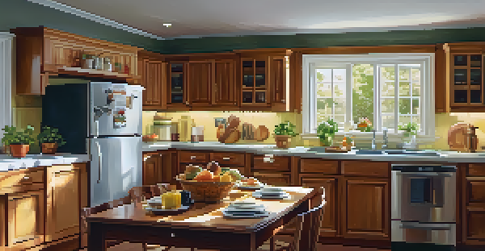A bright kitchen with a carbon monoxide detector on the wall, showcasing a gas stove and warm wood cabinetry.