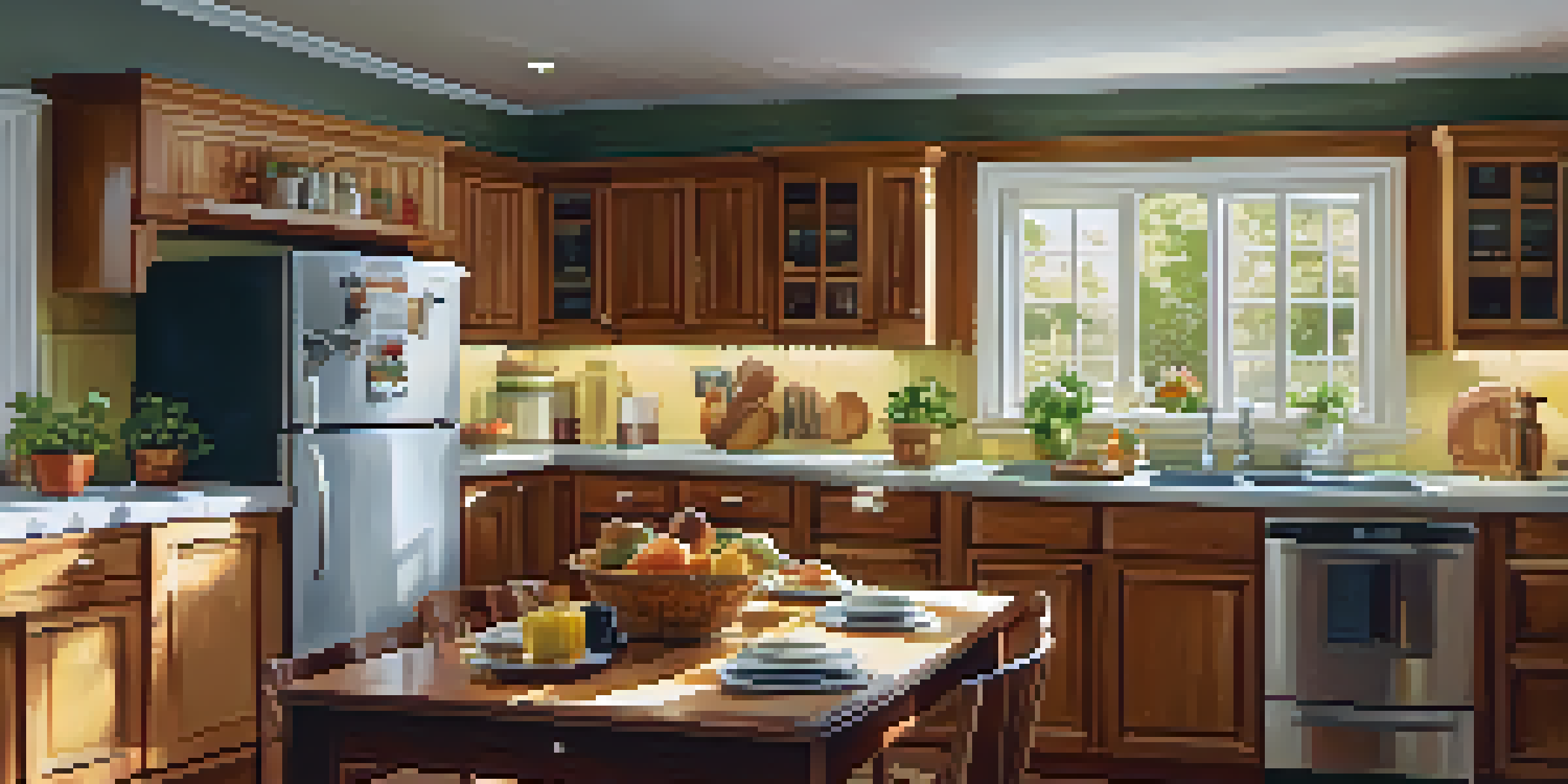 A bright kitchen with a carbon monoxide detector on the wall, showcasing a gas stove and warm wood cabinetry.
