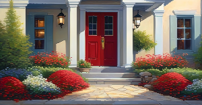 A beautiful front entrance featuring a cream-colored wooden door, vibrant flower beds, and a stone pathway illuminated by warm evening light.