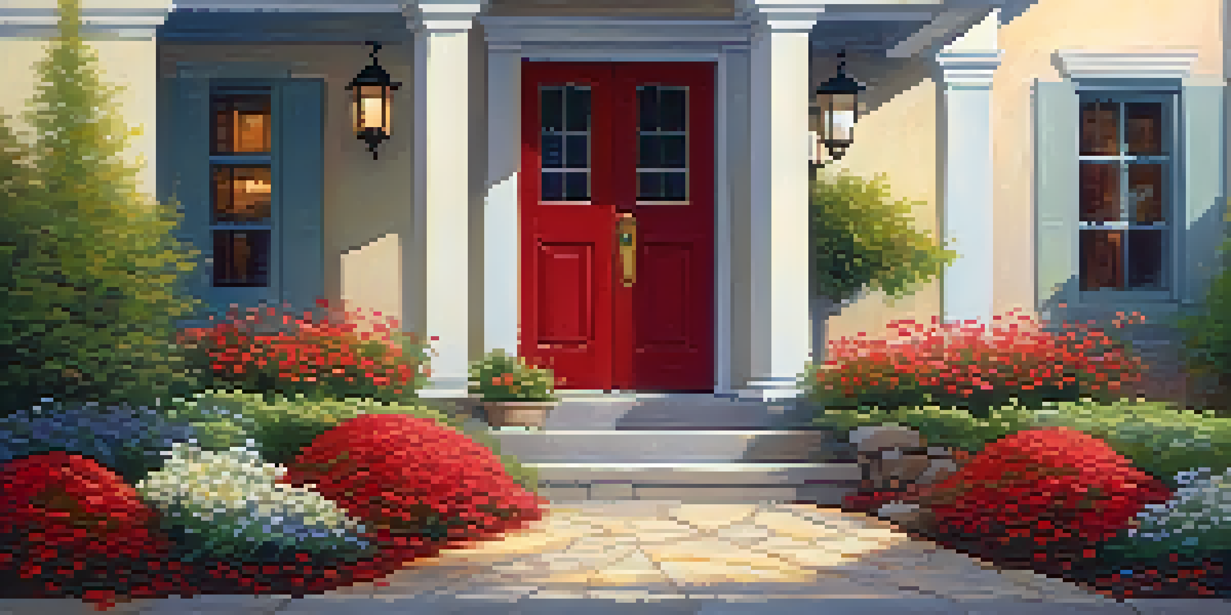 A beautiful front entrance featuring a cream-colored wooden door, vibrant flower beds, and a stone pathway illuminated by warm evening light.