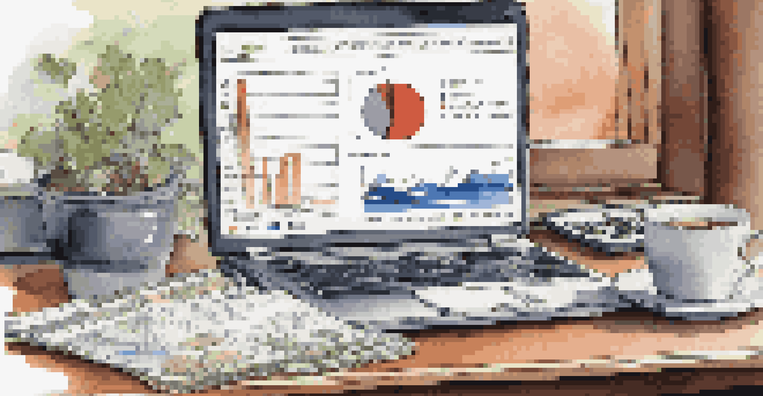 A financial analyst's desk with a laptop showing charts, reports, and a coffee cup in a well-lit workspace.