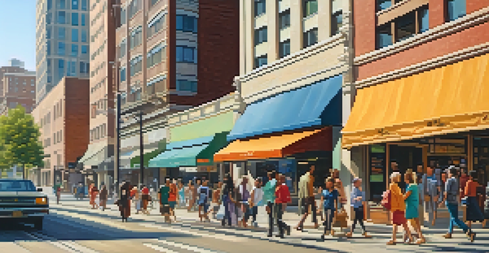 A diverse group of people on a busy urban street discussing housing options with high-rise buildings in the background.