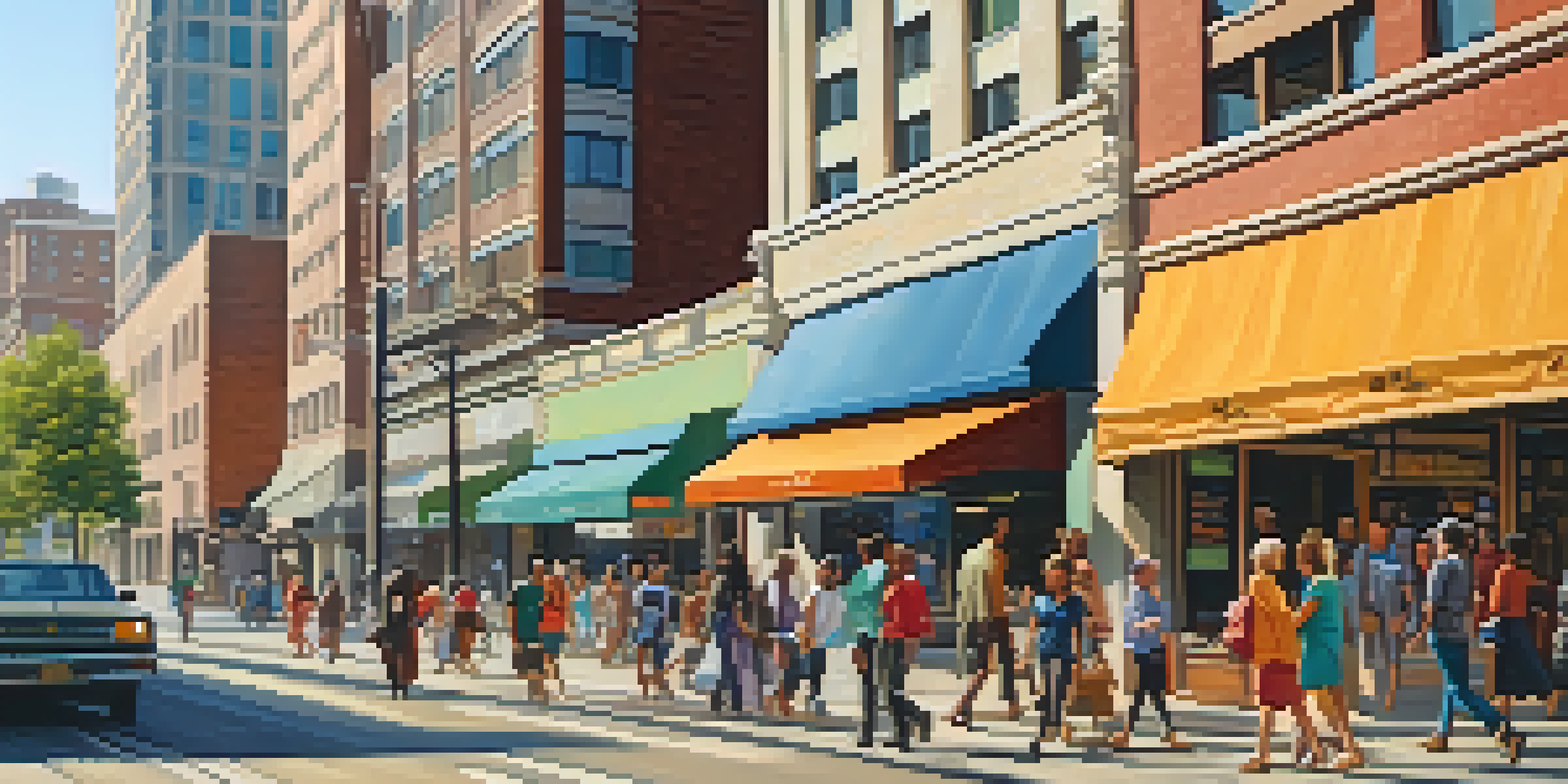 A diverse group of people on a busy urban street discussing housing options with high-rise buildings in the background.